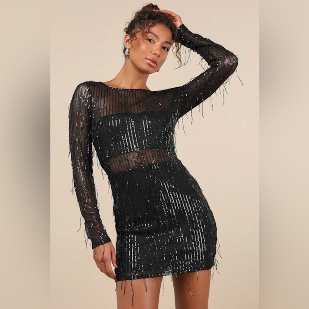 NWT LULUS SZ S BLACK Sheer Fascination Mesh Sequin Fringe Mini Dress